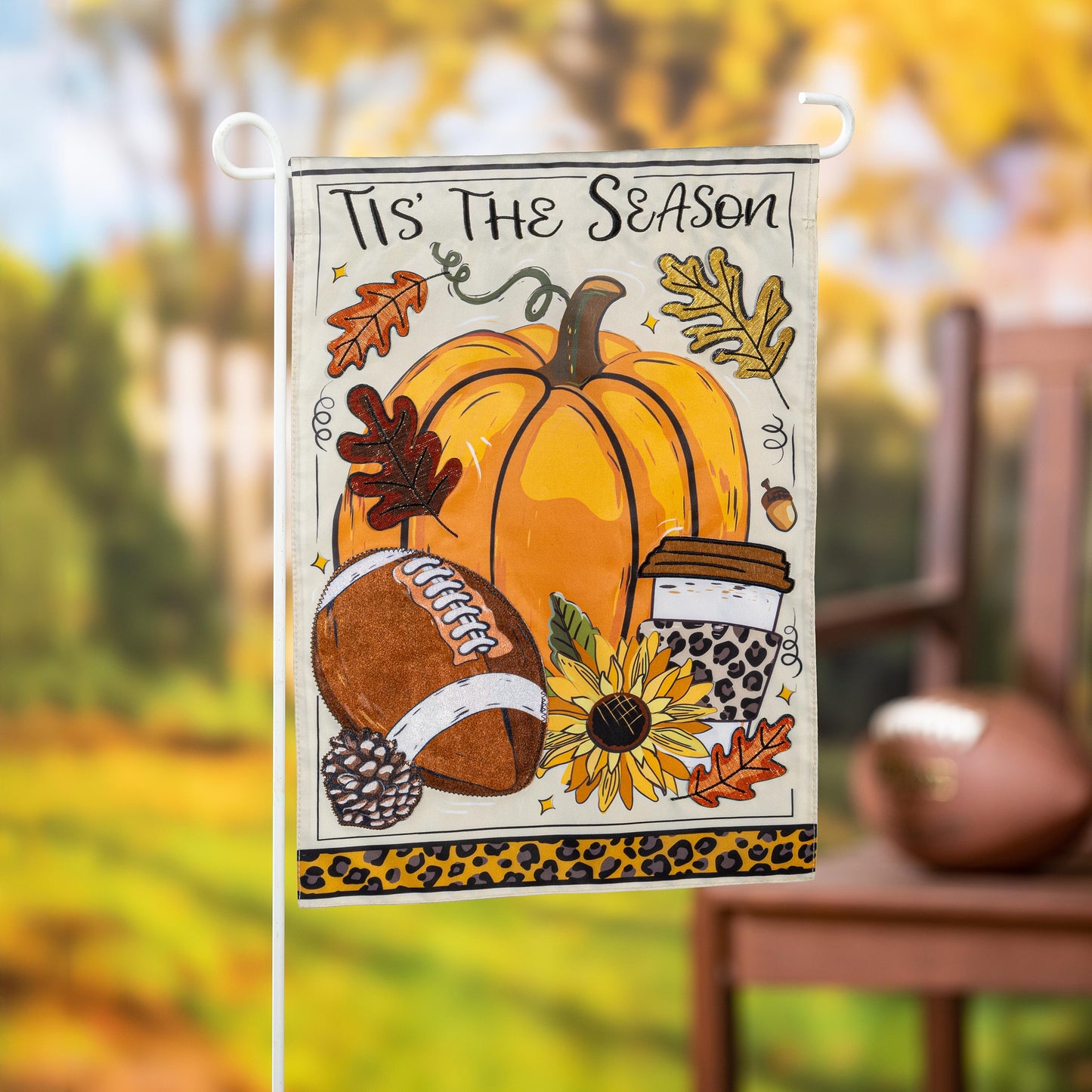 Fall applique garden flag Tis' The Season with orange pumpkin and leaves on Tampa Home & Garden Store