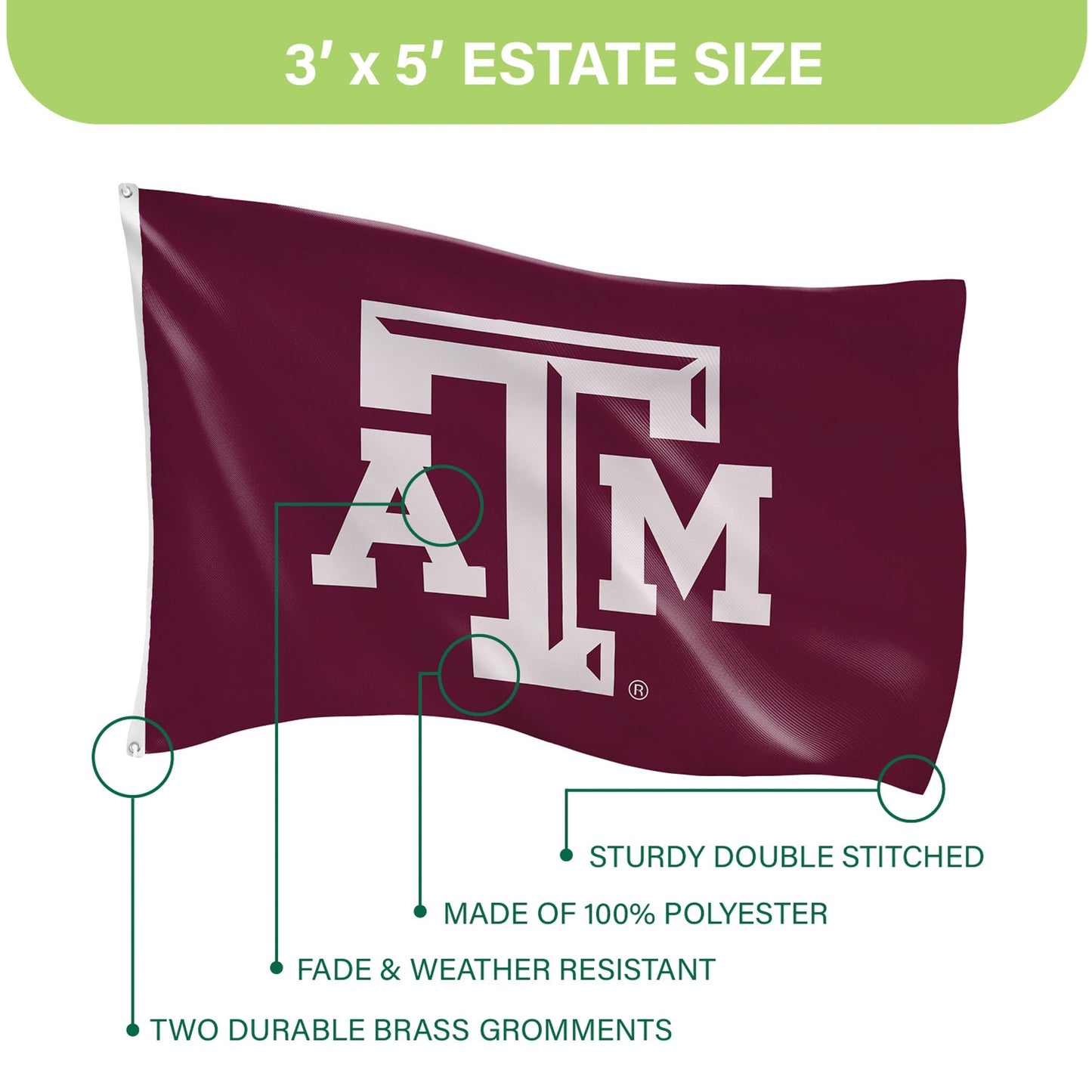 Texas A&M single-sided estate flag 3x5 with 2 brass grommets Evergreen Enterprises flag on Tampa Home & Garden Store