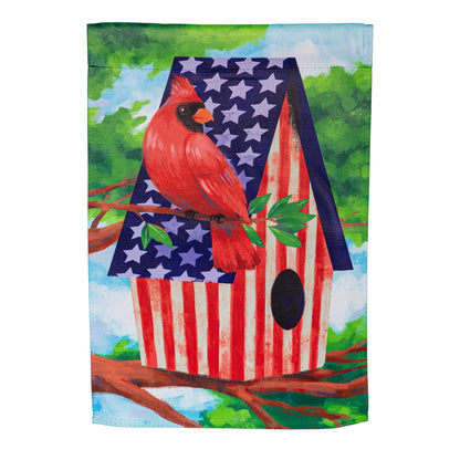 Patriotic Cardinal Birdhouse Suede Garden Flag featuring starry American flag design on Tampa Home & Garden Store