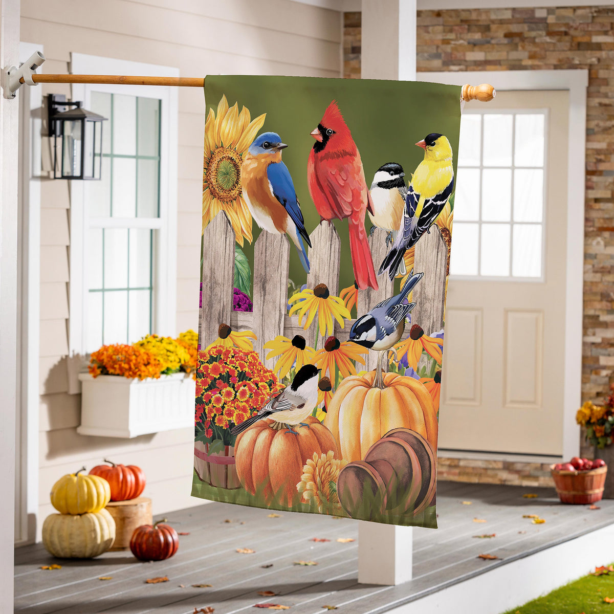 Flock Of Pumpkins Suede House Flag Evergreen Enterprises vivid birds on green with sunflowers on Tampa Home & Garden Store