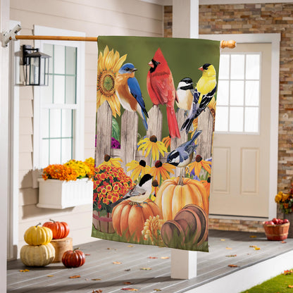 Flock Of Pumpkins Suede House Flag Evergreen Enterprises vivid birds on green with sunflowers on Tampa Home & Garden Store