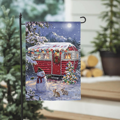 Christmas Camper Lustre Garden Flag with red trailer, snow, festive lights on Tampa Home & Garden Store