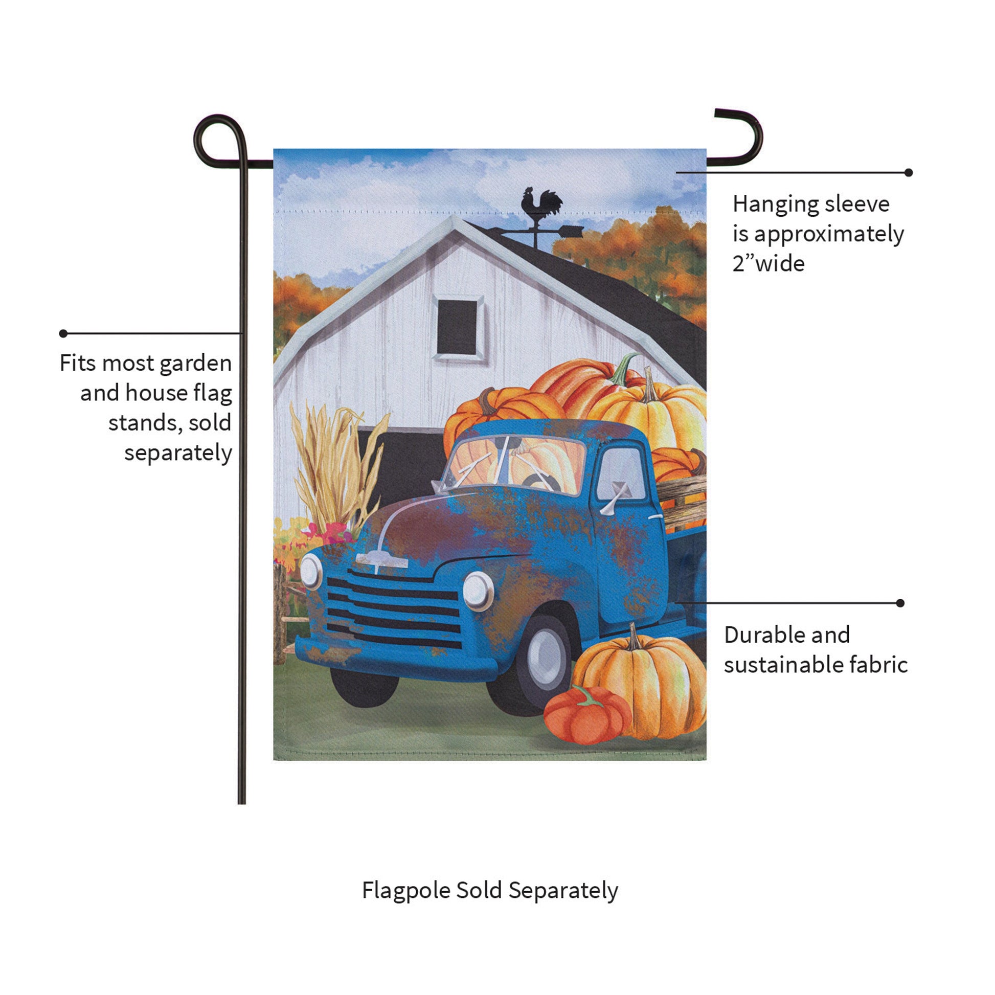 Barns & Harvest Suede Garden Flag with pumpkins and a blue truck beside a barn on Tampa Home & Garden Store