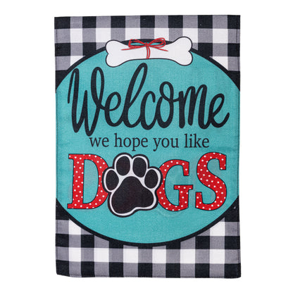 Hope You Like Dogs burlap flag teal field red polka-dot DOGS paw print black plaid edge evergreen on Tampa Home & Garden Store