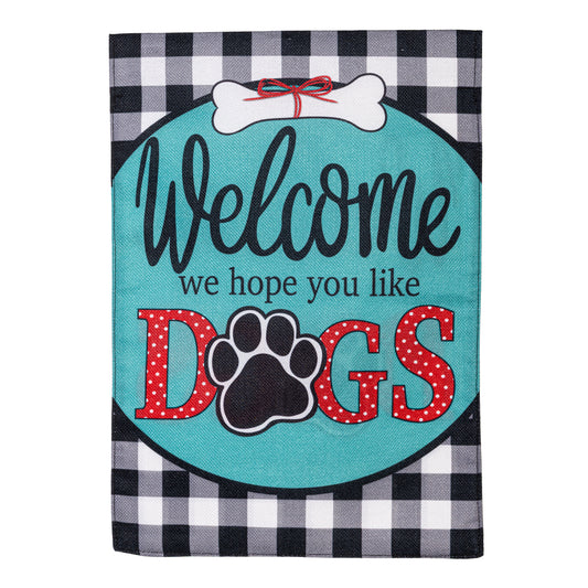 Hope You Like Dogs burlap flag teal field red polka-dot DOGS paw print black plaid edge evergreen on Tampa Home & Garden Store