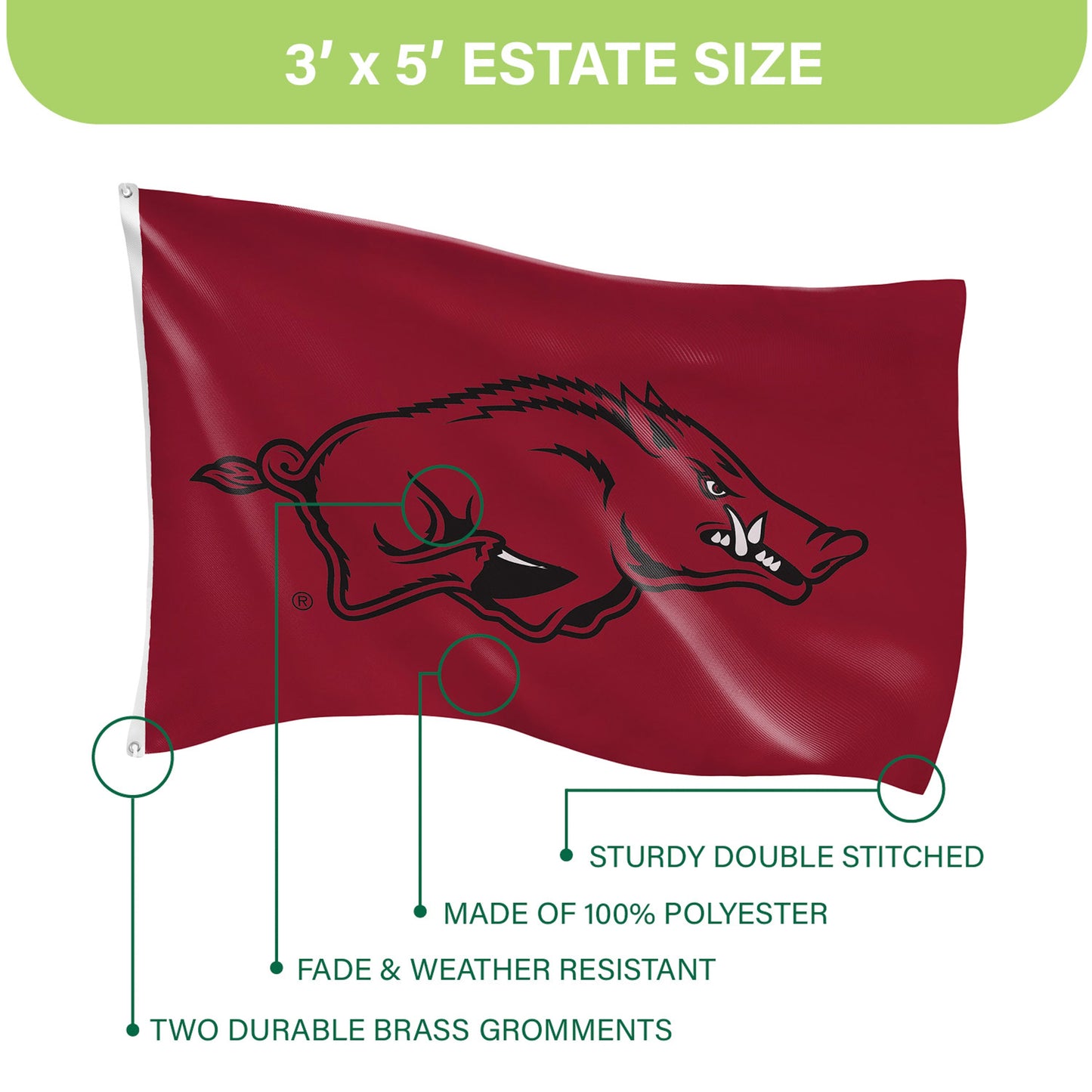 University of Arkansas 3x5 estate flag with Razorbacks logo, maroon polyester, 2 brass grommets on Tampa Home & Garden Store