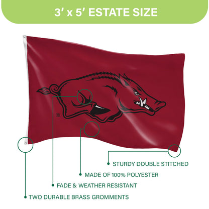 University of Arkansas 3x5 estate flag with Razorbacks logo, maroon polyester, 2 brass grommets on Tampa Home & Garden Store