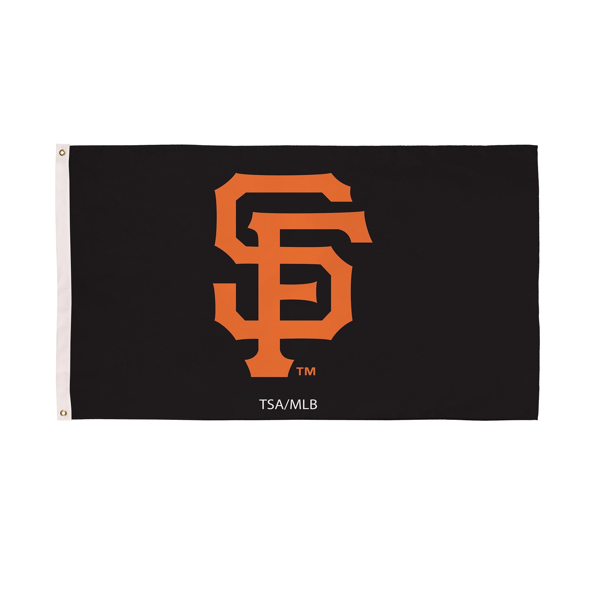 San Francisco Giants flag, 3x5 ft, black with orange logo, 2 grommets on white edge on Tampa Home & Garden Store