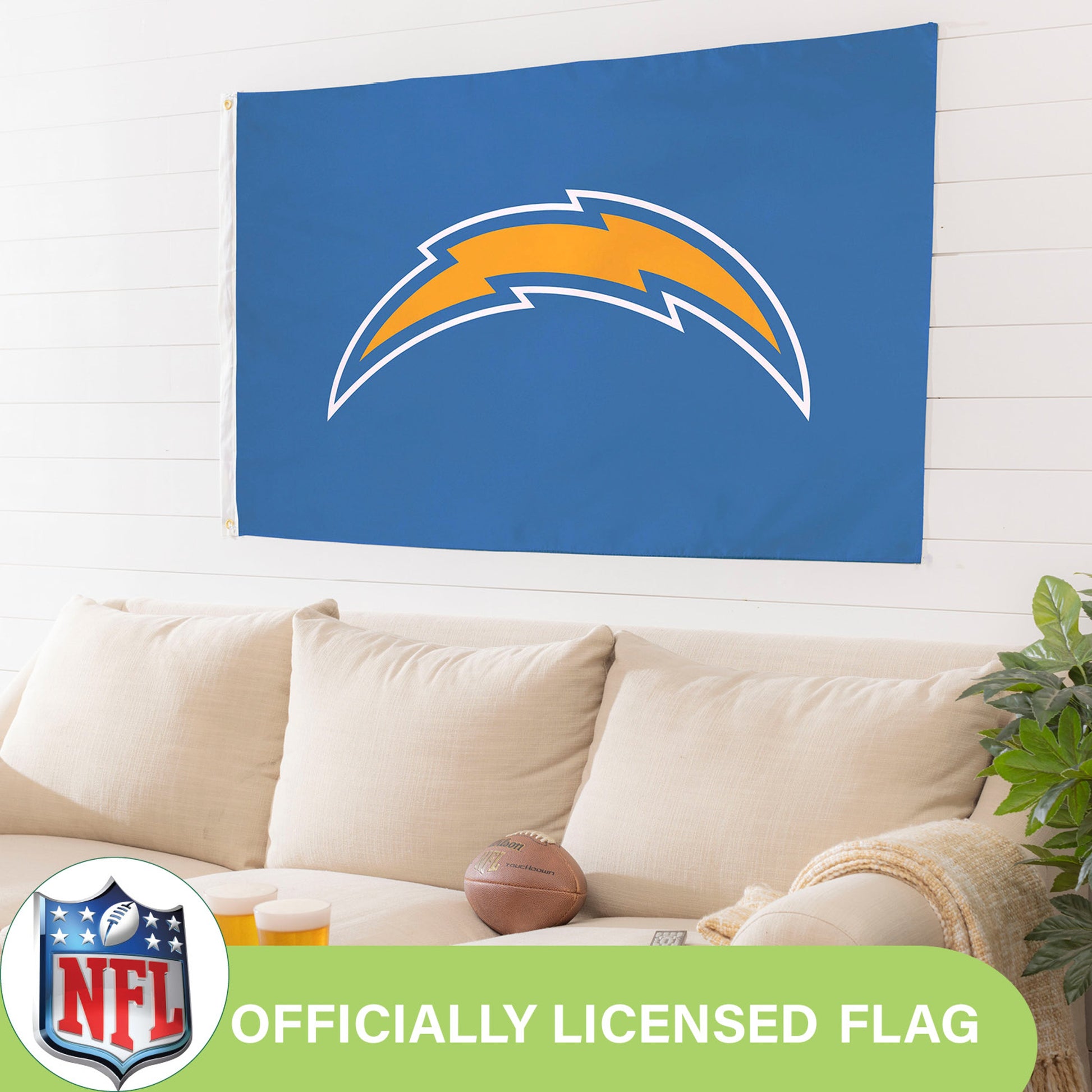 Los Angeles Chargers 3x5 estate flag blue with yellow bolt logo, 2 grommets Evergreen on Tampa Home & Garden Store