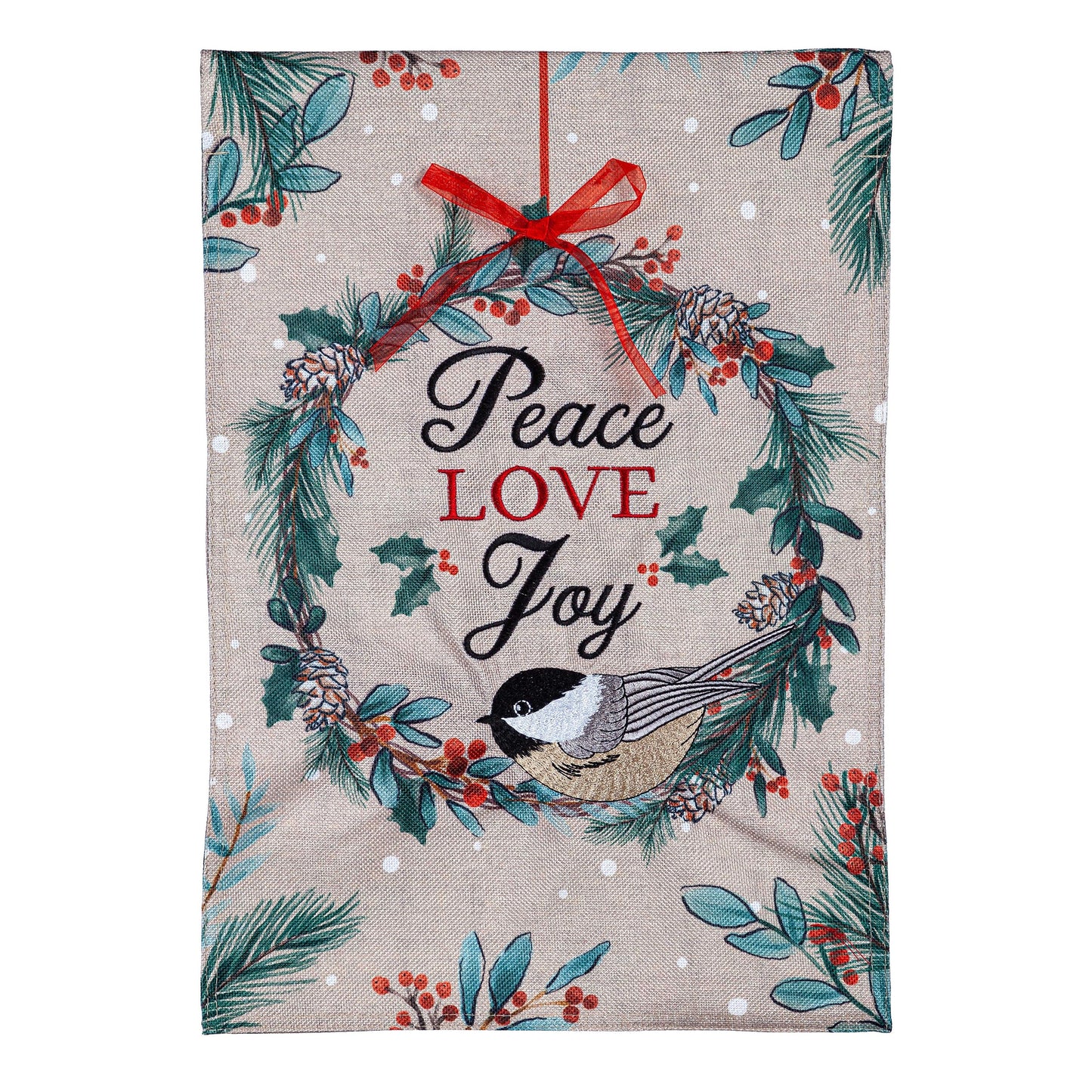 Chickadee Wreath Burlap Garden Flag with pine wreath and red ribbon on Tampa Home & Garden Store