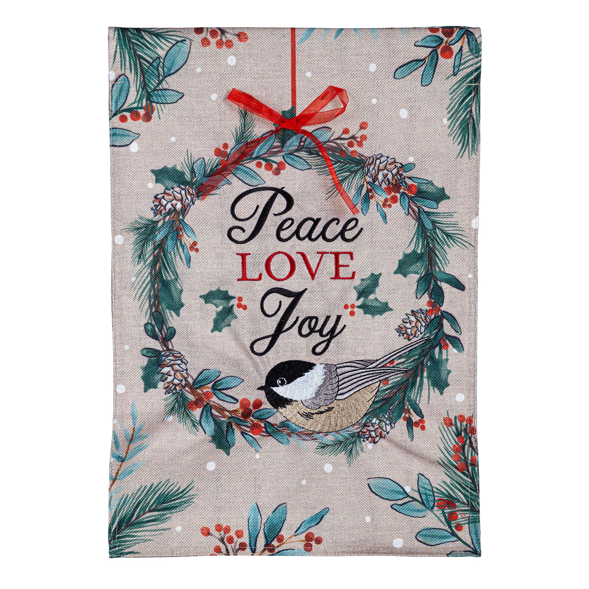 Chickadee Wreath Burlap Garden Flag with pine wreath and red ribbon on Tampa Home & Garden Store