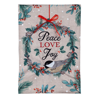 Chickadee Wreath Burlap Garden Flag with pine wreath and red ribbon on Tampa Home & Garden Store