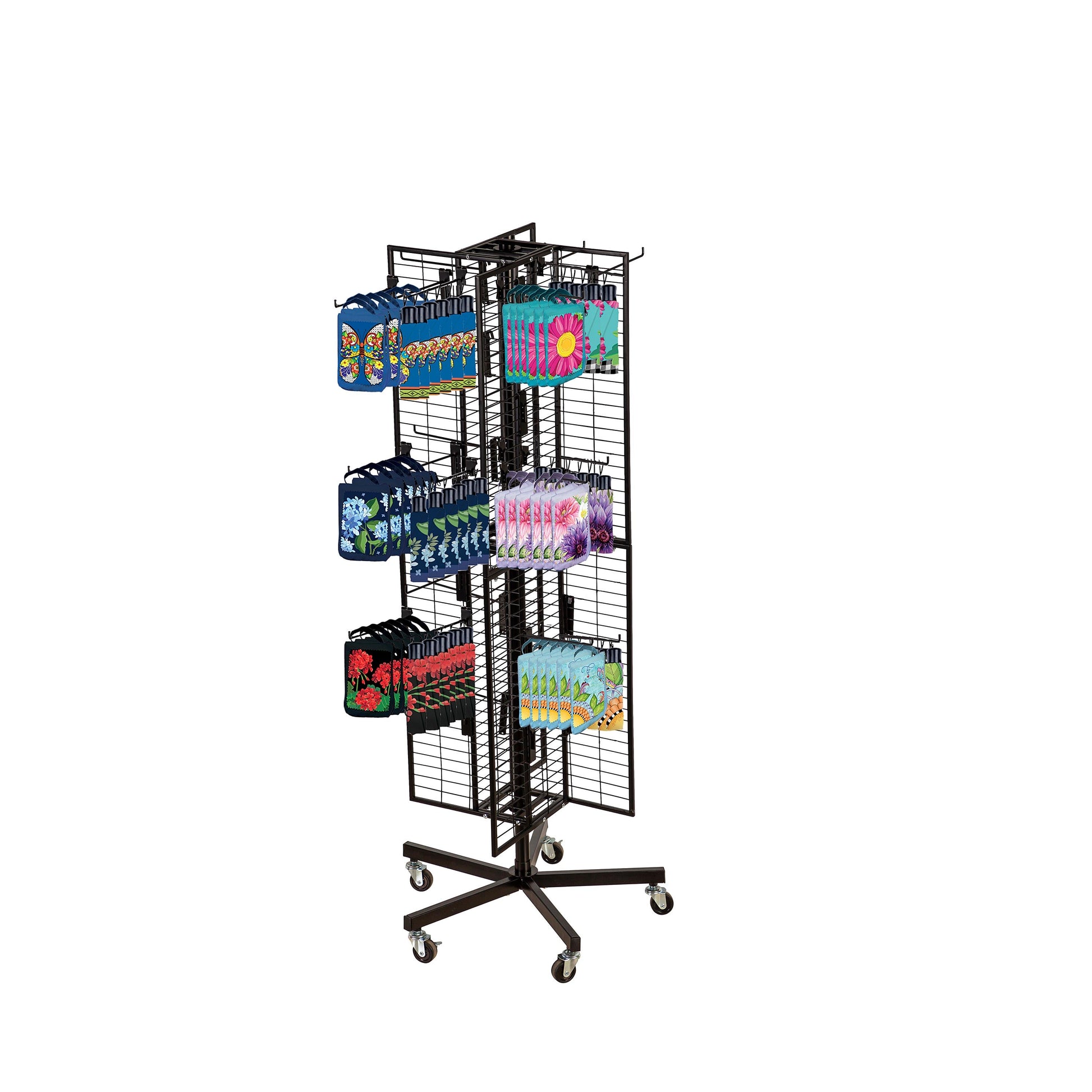 Flag grid display with pinwheel holder black metal rack on casters with colorful hanging samples on Tampa Home & Garden Store