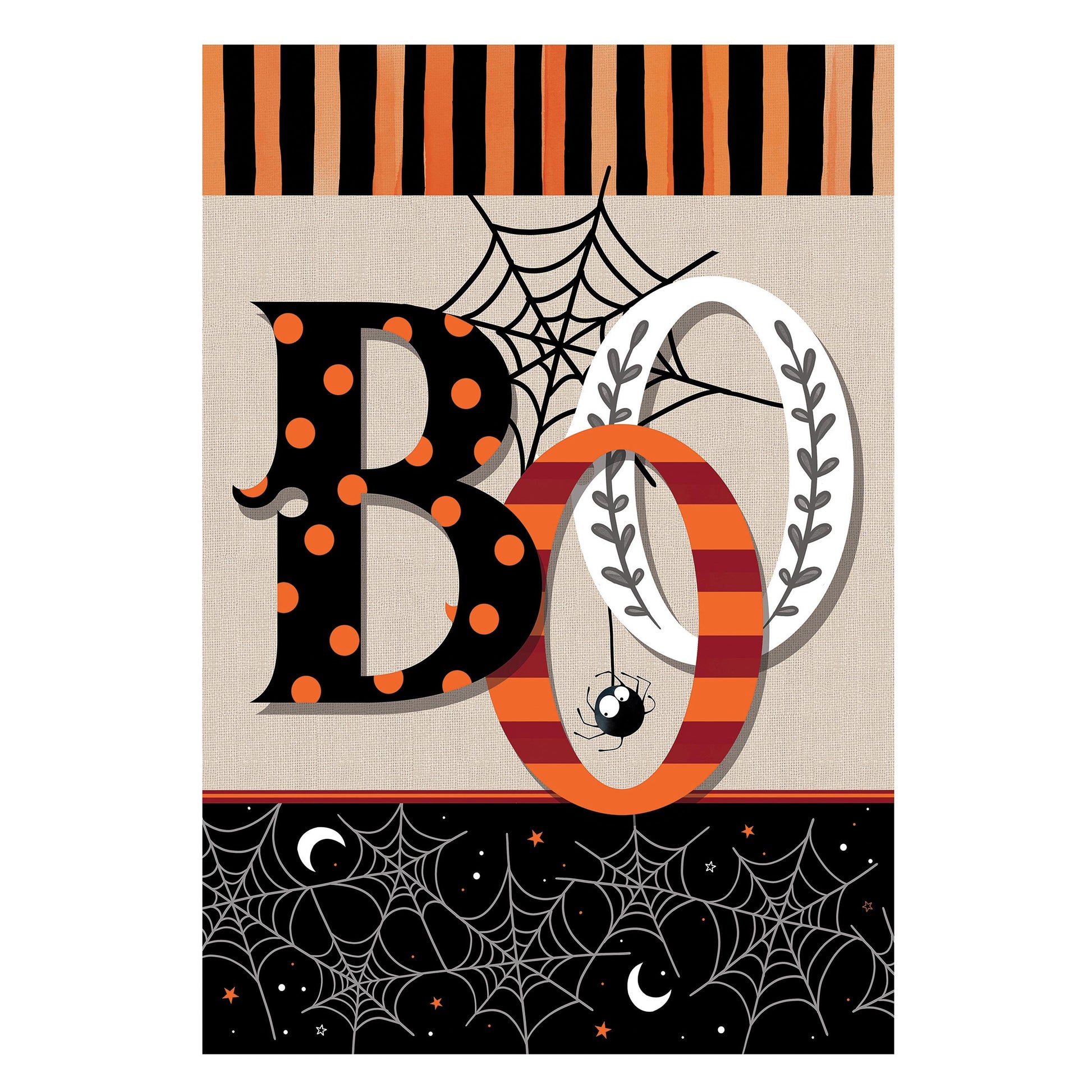 Polka Dots & Stripes Boo Suede Garden Flag with orange-black stripes and spiderweb accents on Tampa Home & Garden Store