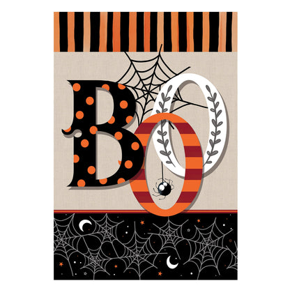 Polka Dots & Stripes Boo Suede Garden Flag with orange-black stripes and spiderweb accents on Tampa Home & Garden Store