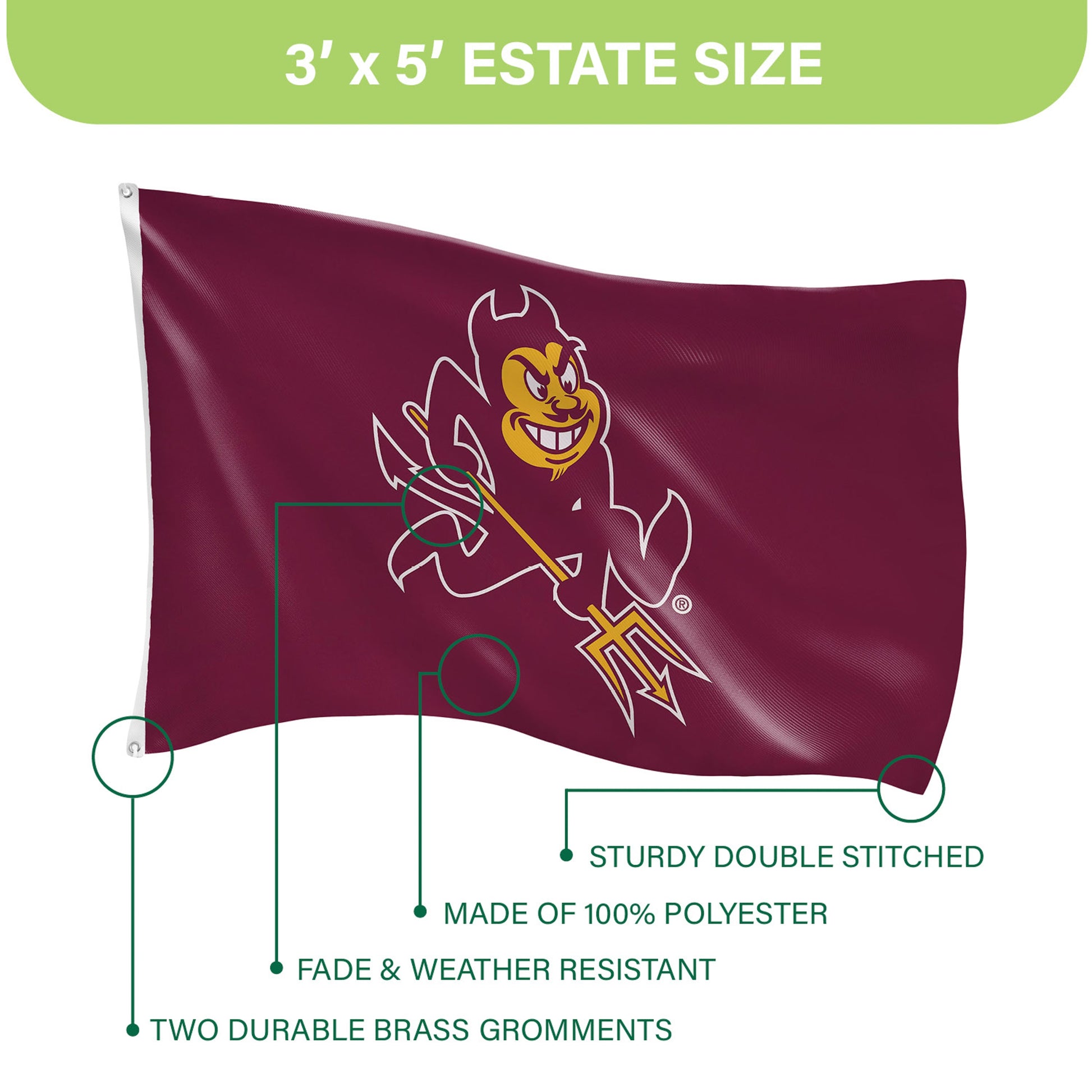 Arizona State University flag 3x5 single-sided sublimated maroon with mascot two grommets on Tampa Home & Garden Store