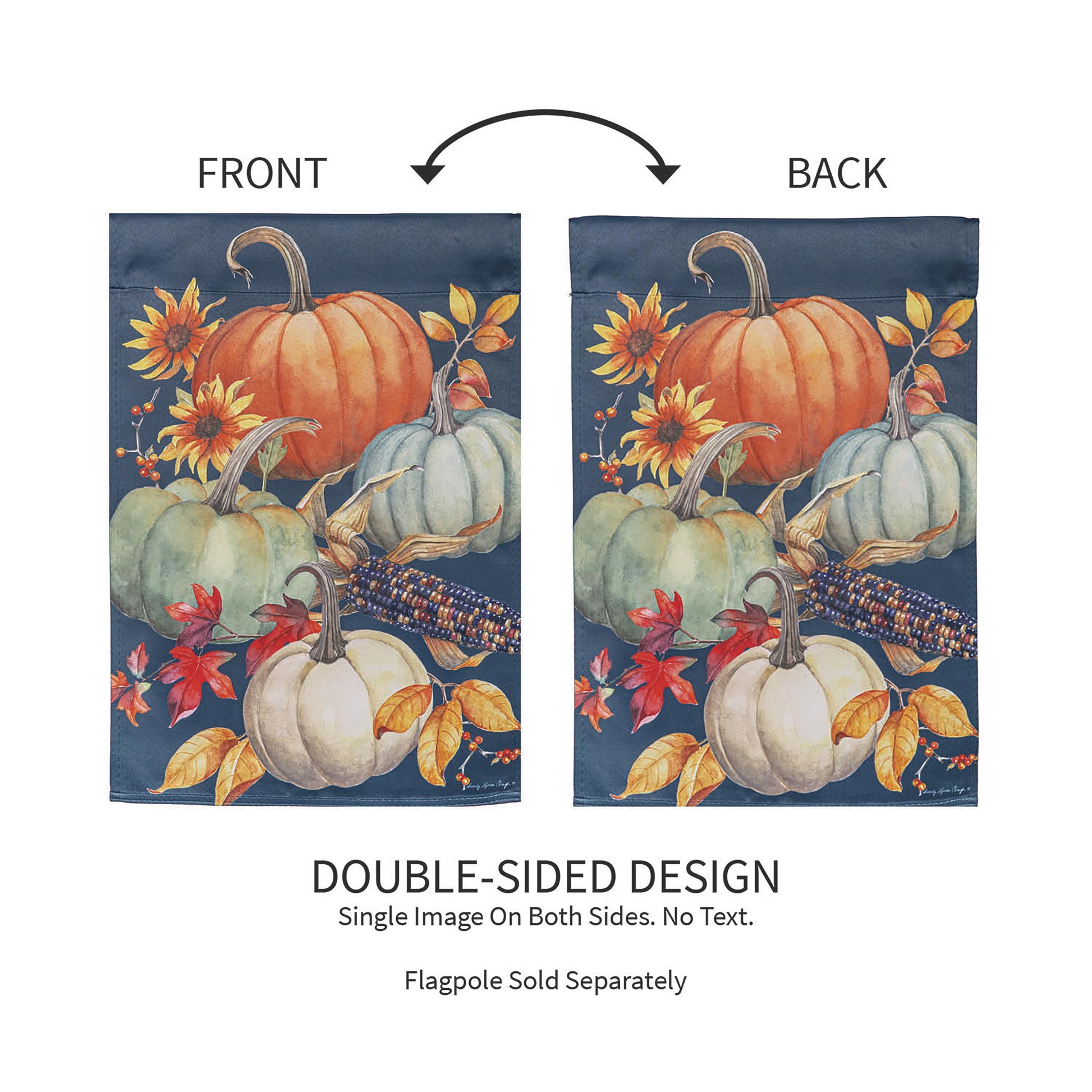 All Things Pumpkins suede garden flag; double-sided pumpkins and sunflowers on navy backdrop on Tampa Home & Garden Store