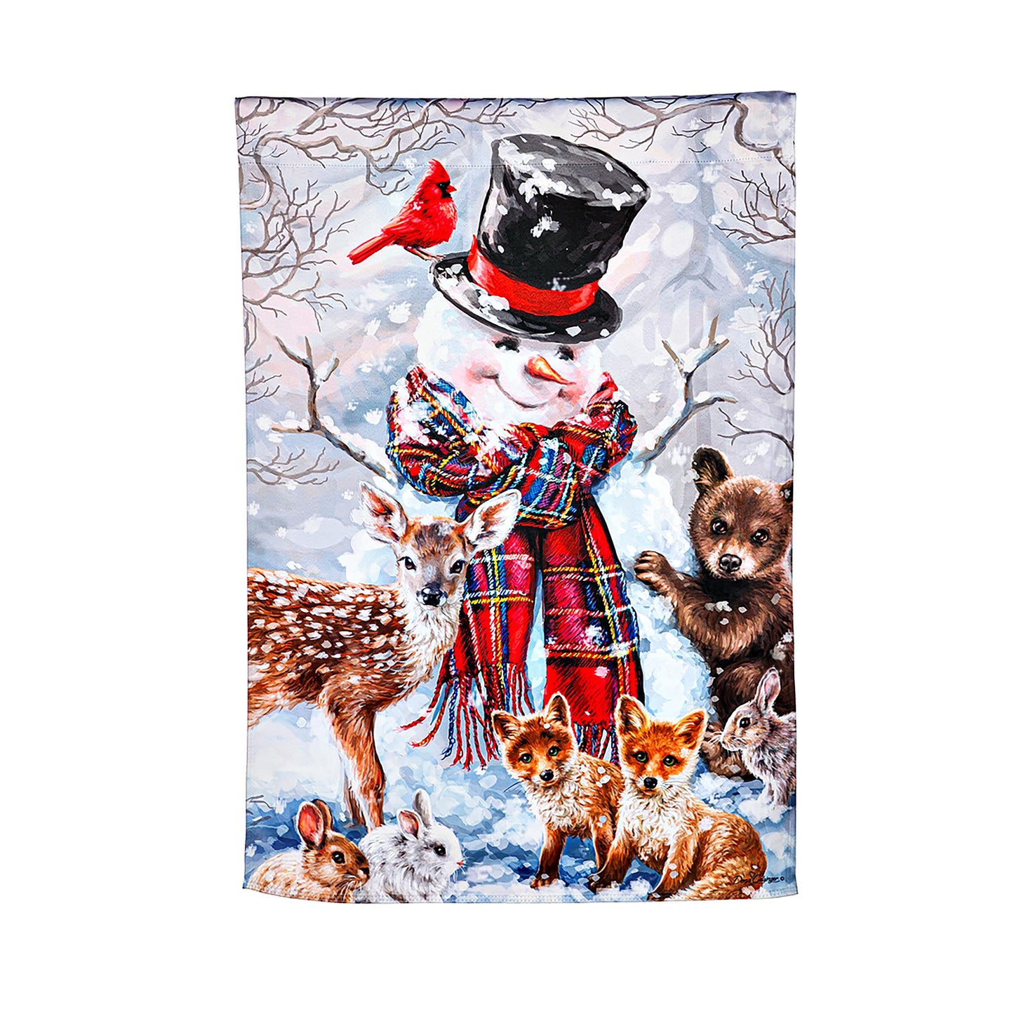 Forest Friends Suede House Flag winter animals with cardinal, deer and foxes in plaid scarf on Tampa Home & Garden Store
