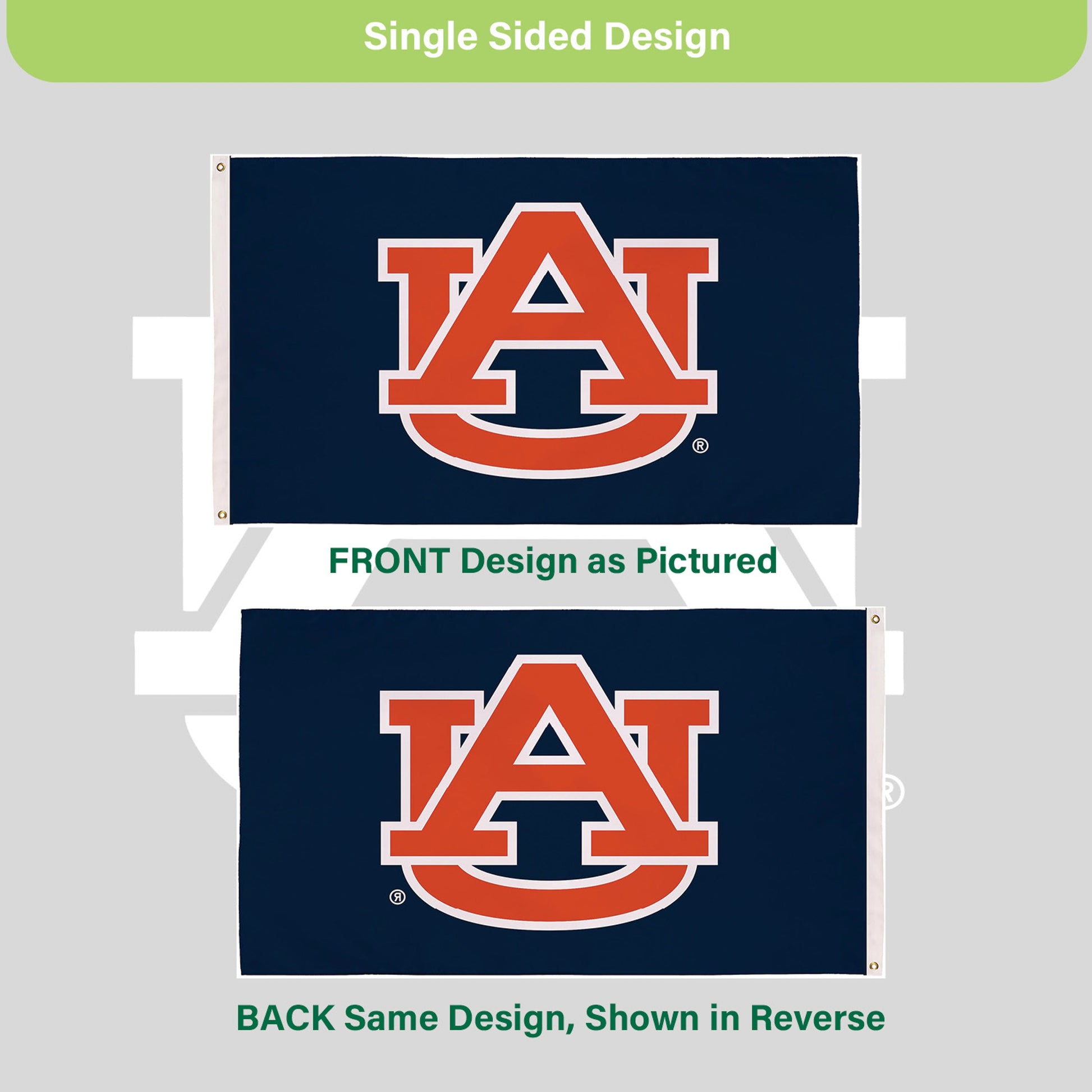 3x5 Auburn University single-sided flag with navy field and orange AU logo, 2 grommets on Tampa Home & Garden Store