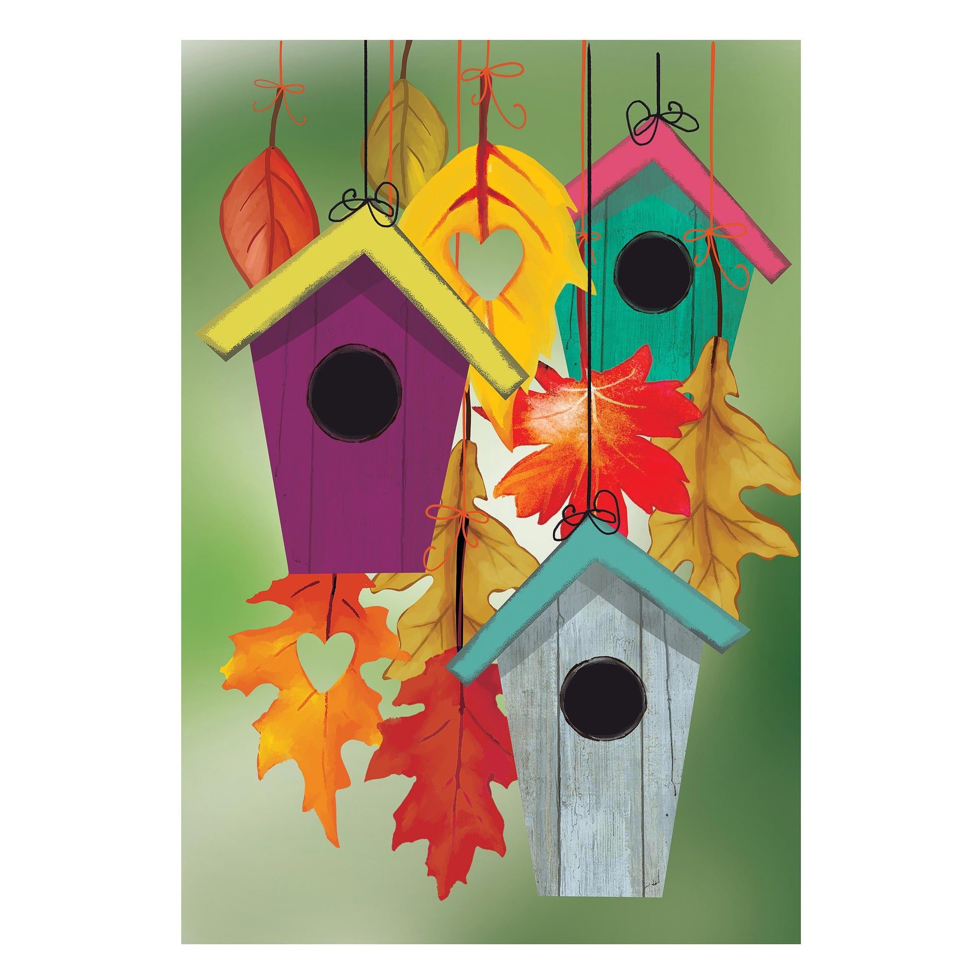 Flock Of Bird Houses Suede House Flag with purple, yellow and teal birdhouses and autumn leaves on Tampa Home & Garden Store