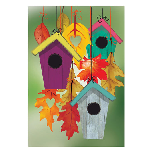 Flock Of Bird Houses Suede House Flag with purple, yellow and teal birdhouses and autumn leaves on Tampa Home & Garden Store