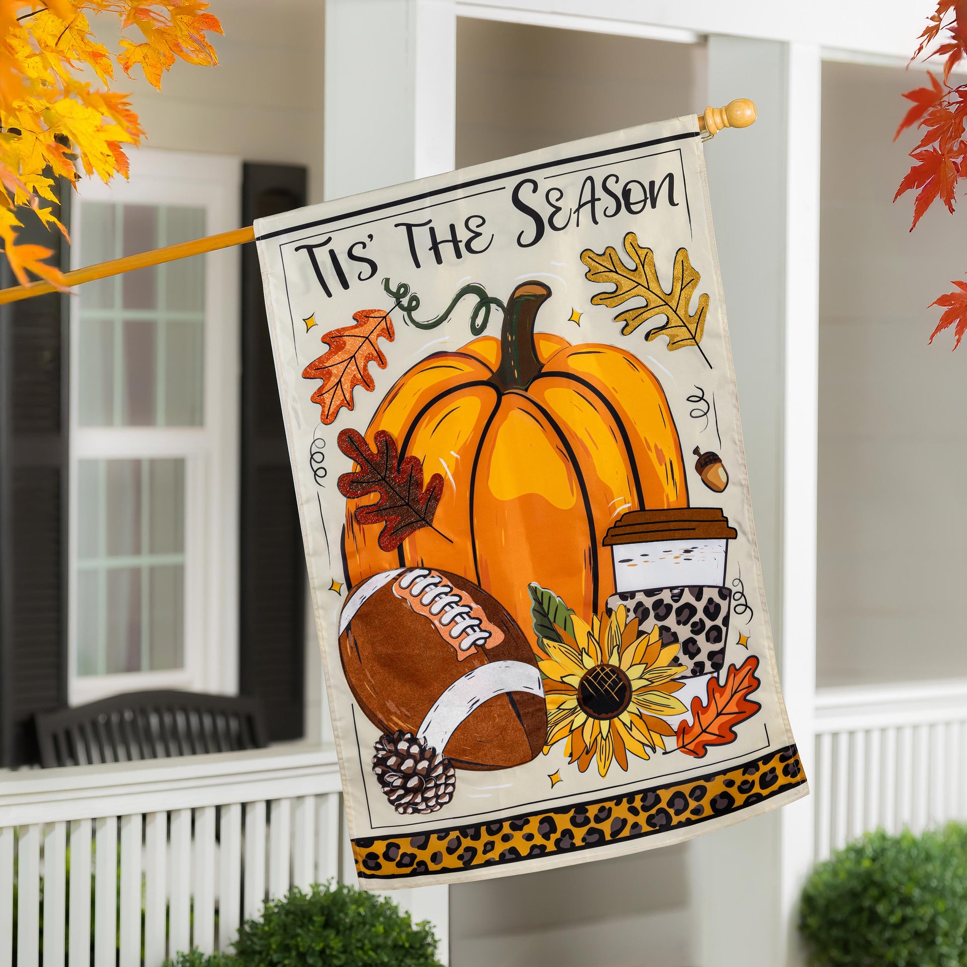 Tis' The Season Fall Applique House Flag pumpkins orange leaves leopard border on Tampa Home & Garden Store