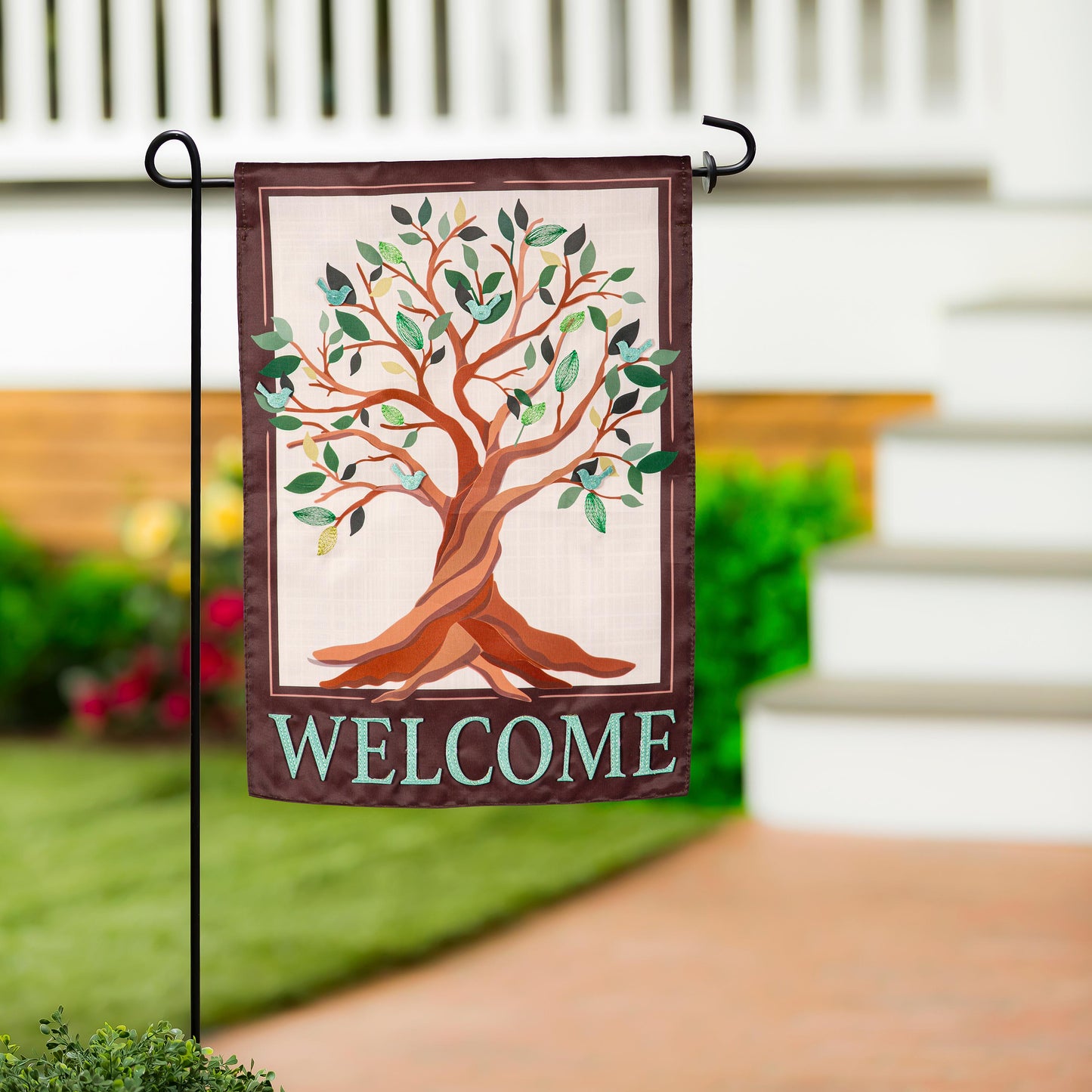 Tree of Life Applique Garden Flag maroon bordered with tree design and WELCOME Evergreen Enterprises on Tampa Home & Garden Store