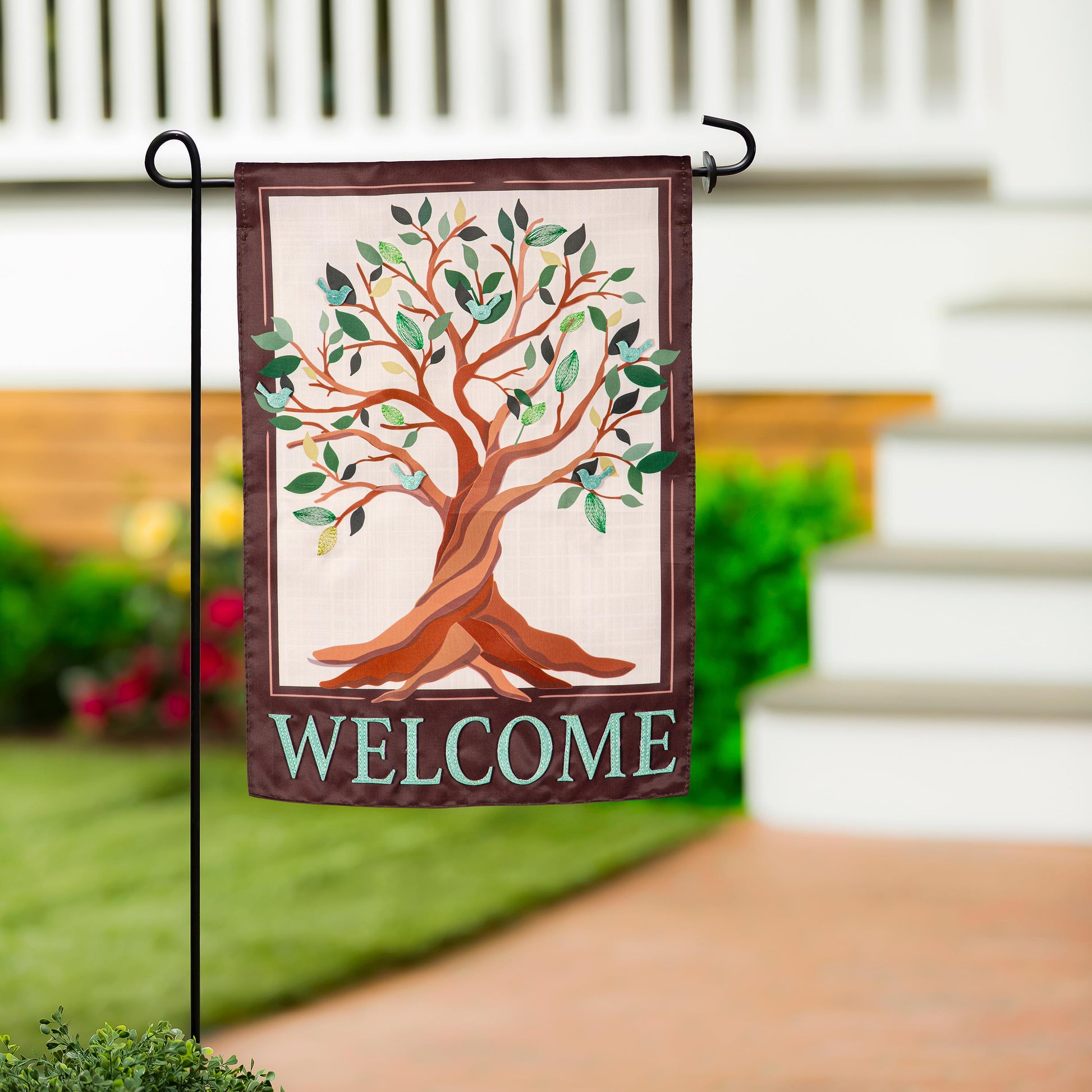 Tree of Life Applique Garden Flag maroon bordered with tree design and WELCOME Evergreen Enterprises on Tampa Home & Garden Store
