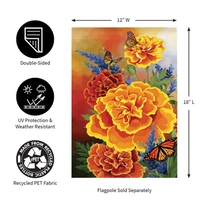 Mariposa Melody Burlap Garden Flag with orange marigolds and monarch butterflies on Tampa Home & Garden Store