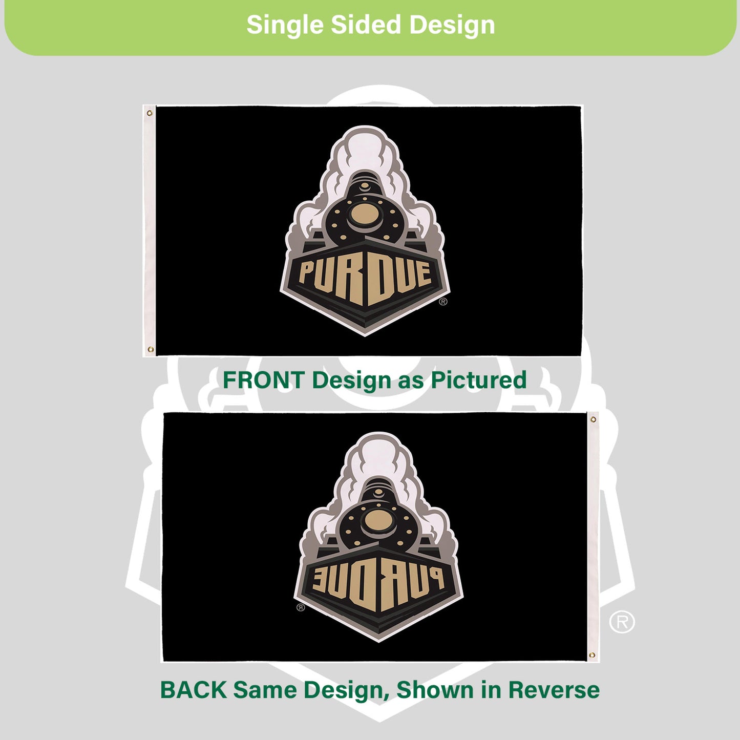 Purdue University 3x5 single-sided flag with two grommets, black field and gold crest on Tampa Home & Garden Store