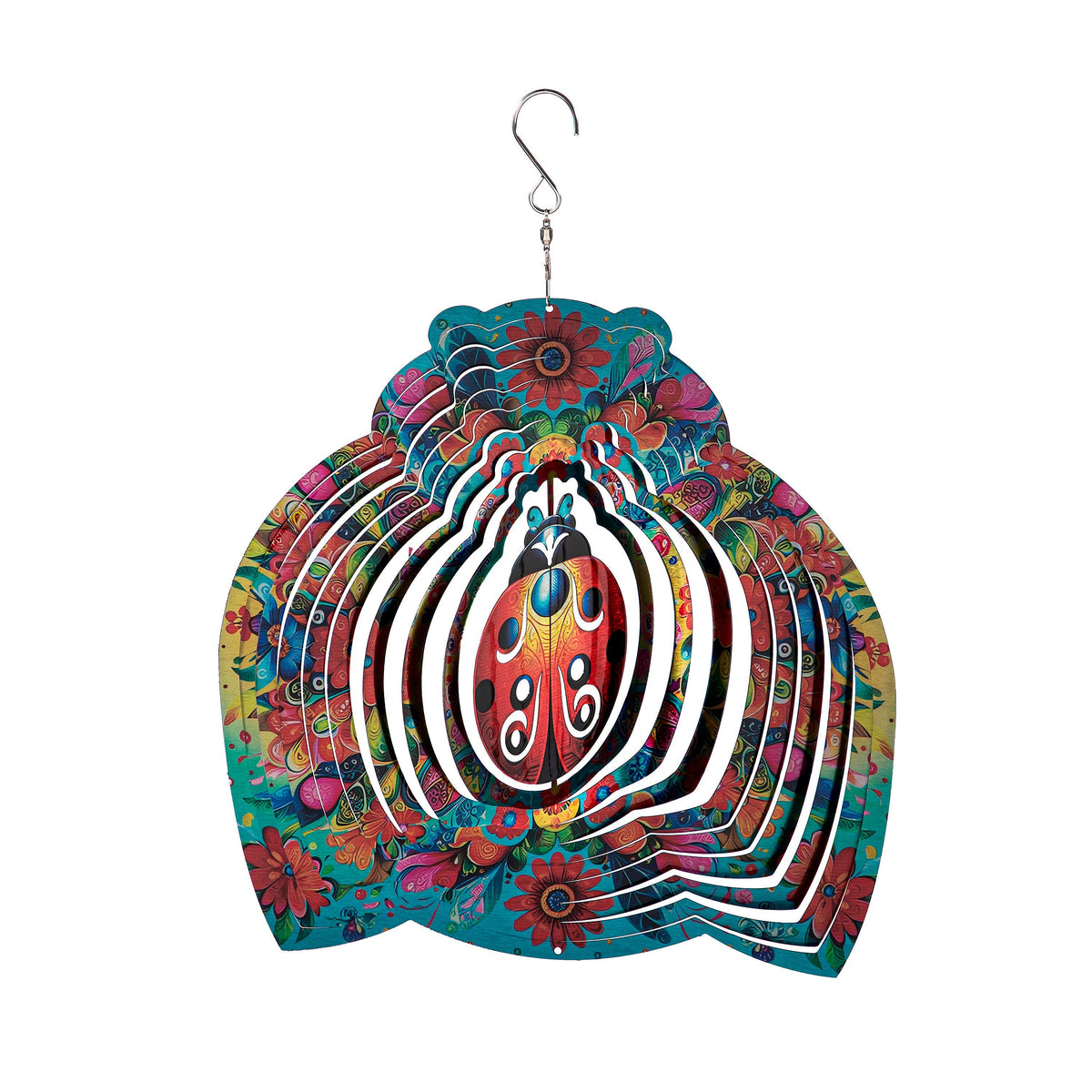 Illusion Spinner Edge Program wind spinner with floral teal colors and white spiral rings on Tampa Home & Garden Store