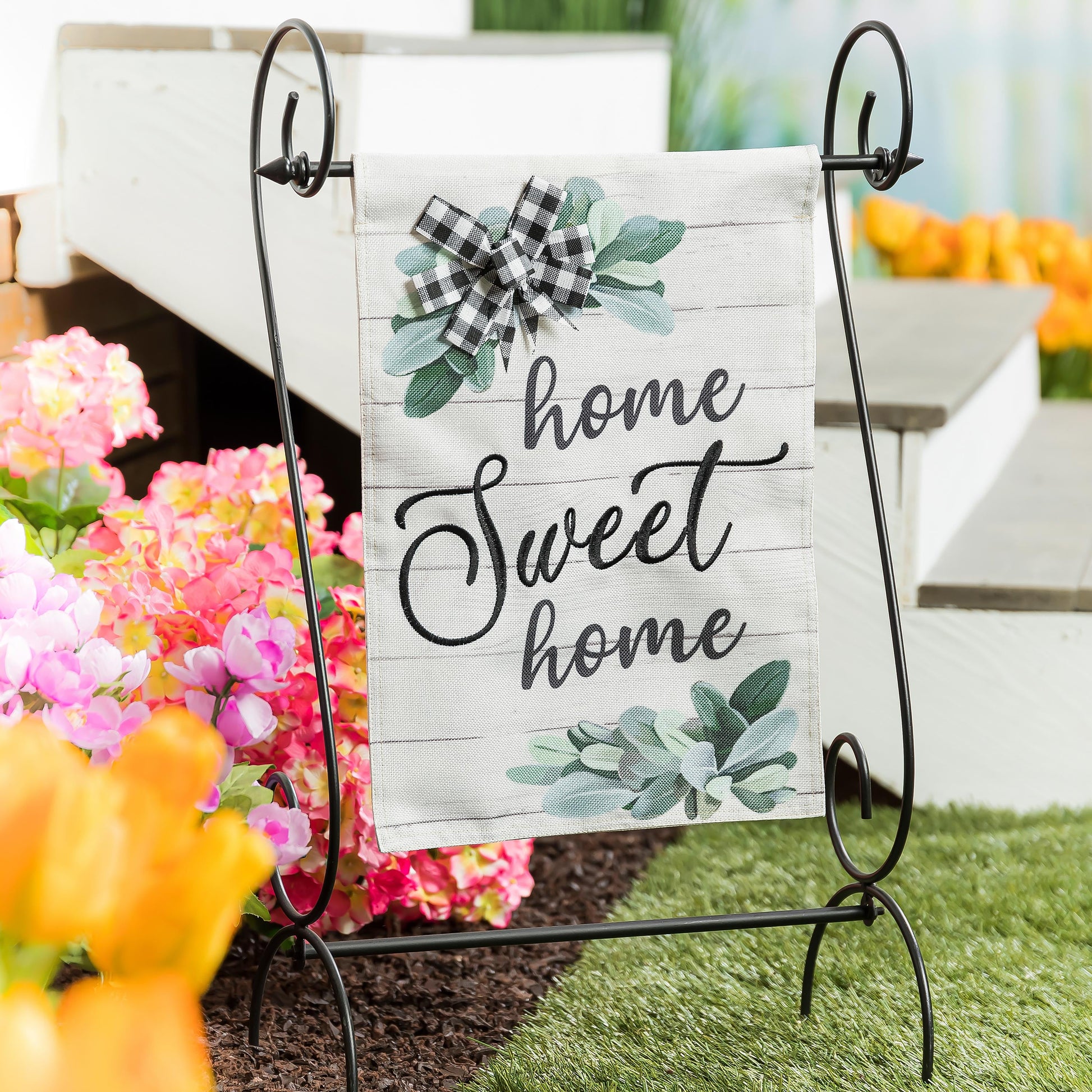 Home Sweet Home burlap flag with eucalyptus print on black metal stand and plaid bow on Tampa Home & Garden Store