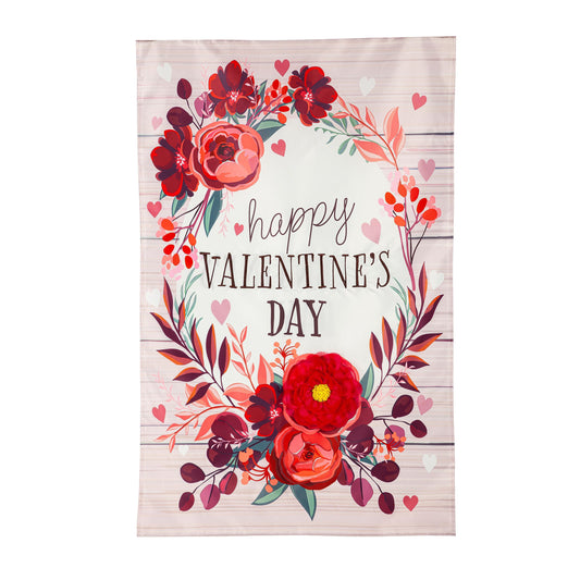Floral Happy Valentine's Day applique house flag with stripes and red blooms and hearts on Tampa Home & Garden Store