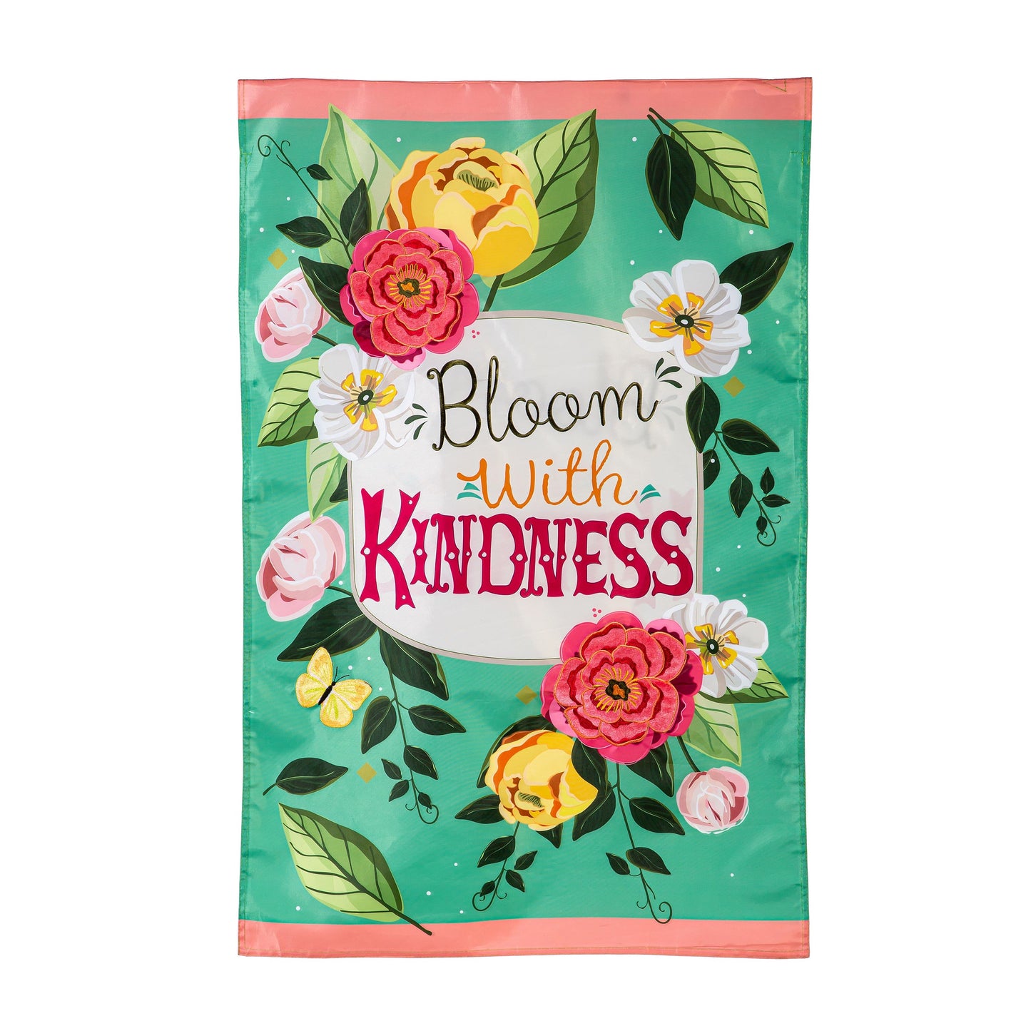 Bloom with Kindness applique house flag by Evergreen Enterprises with teal floral background on Tampa Home & Garden Store