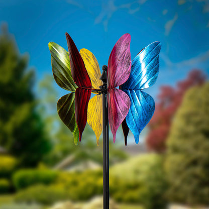 Metal wind spinner butterfly blades in rainbow colors on black stake 65H Evergreen Enterprises on Tampa Home & Garden Store