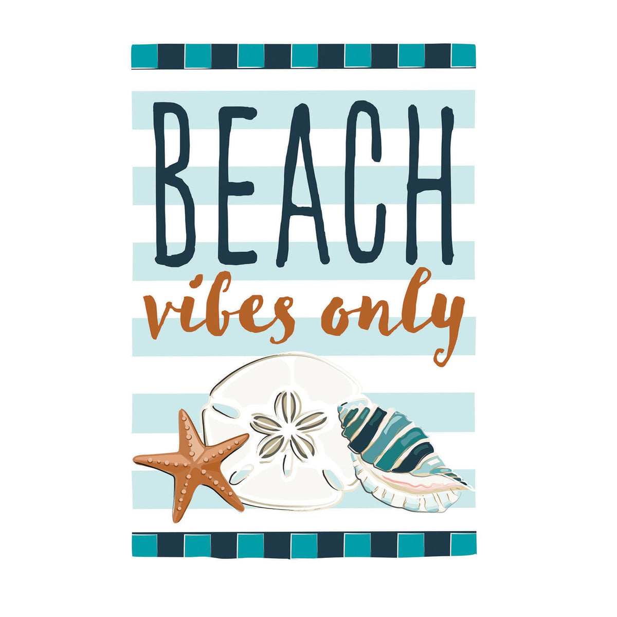 Beach Vibes Only applique house flag with teal and navy stripes and seashells on Tampa Home & Garden Store