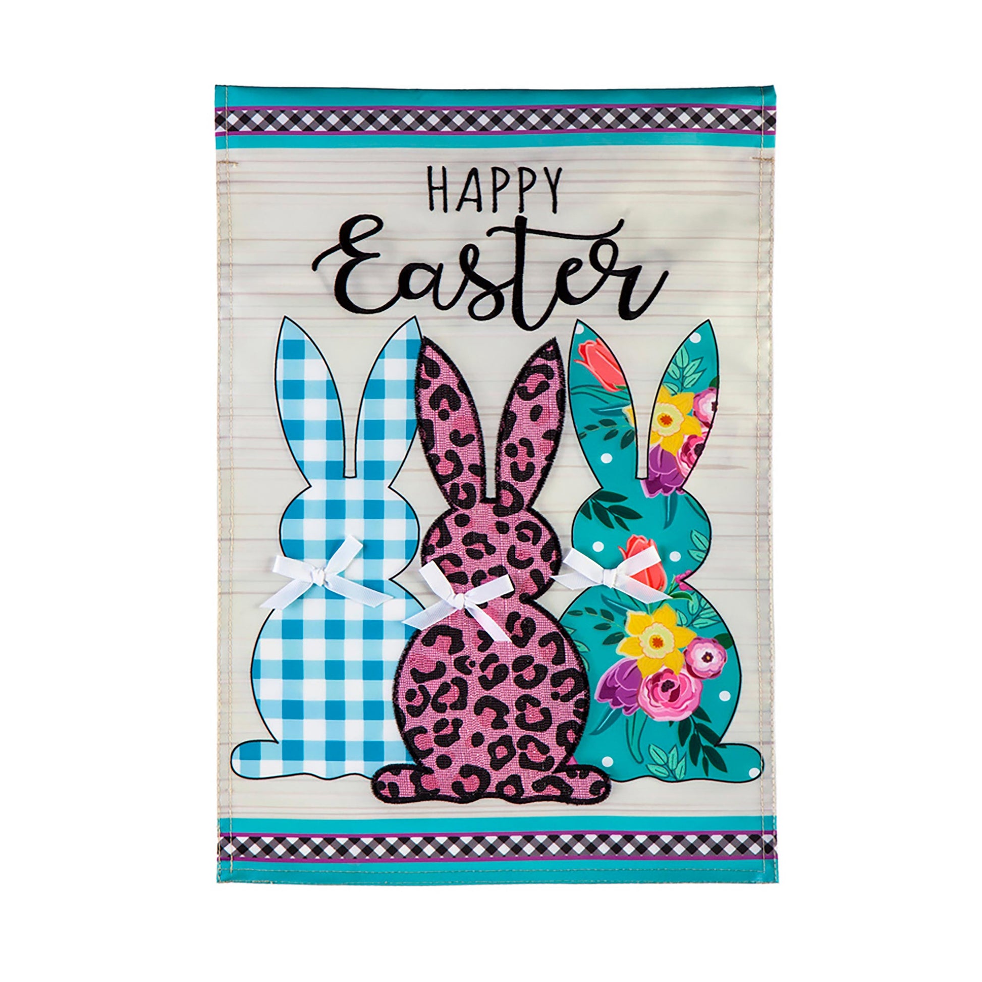 Bright Bunnies Garden Applique Flag with bunny silhouettes on a wood background teal borders on Tampa Home & Garden Store