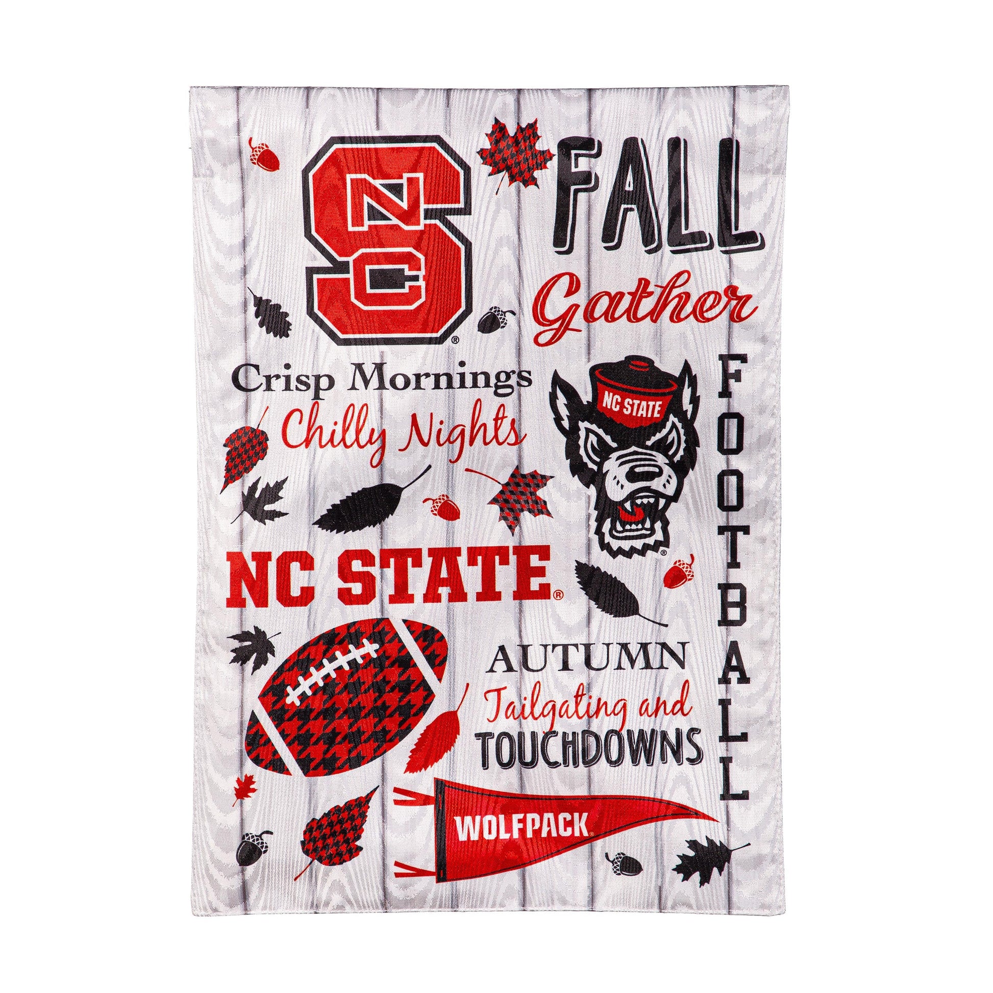 Moire flag North Carolina State University with red Wolfpack logo on wood backdrop on Tampa Home & Garden Store