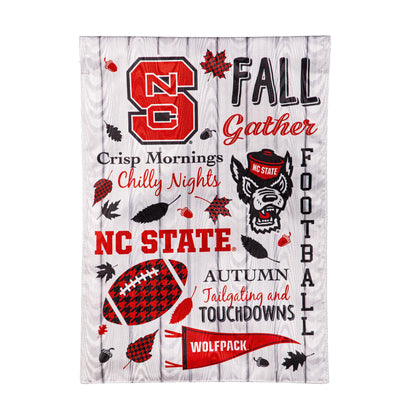 Moire flag North Carolina State University with red Wolfpack logo on wood backdrop on Tampa Home & Garden Store