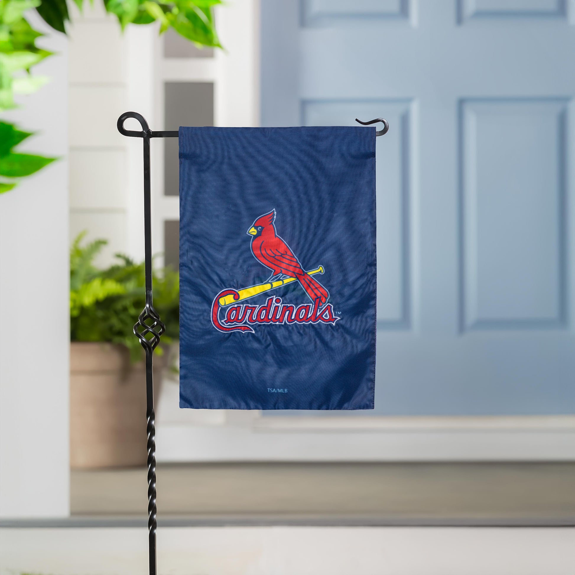 St Louis Cardinals applique garden flag blue flag with cardinal logo on black metal stand on Tampa Home & Garden Store