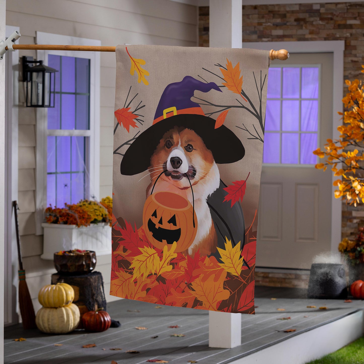 Corgi Fall Suede House Flag with a corgi in a witch hat among autumn leaves on beige background on Tampa Home & Garden Store