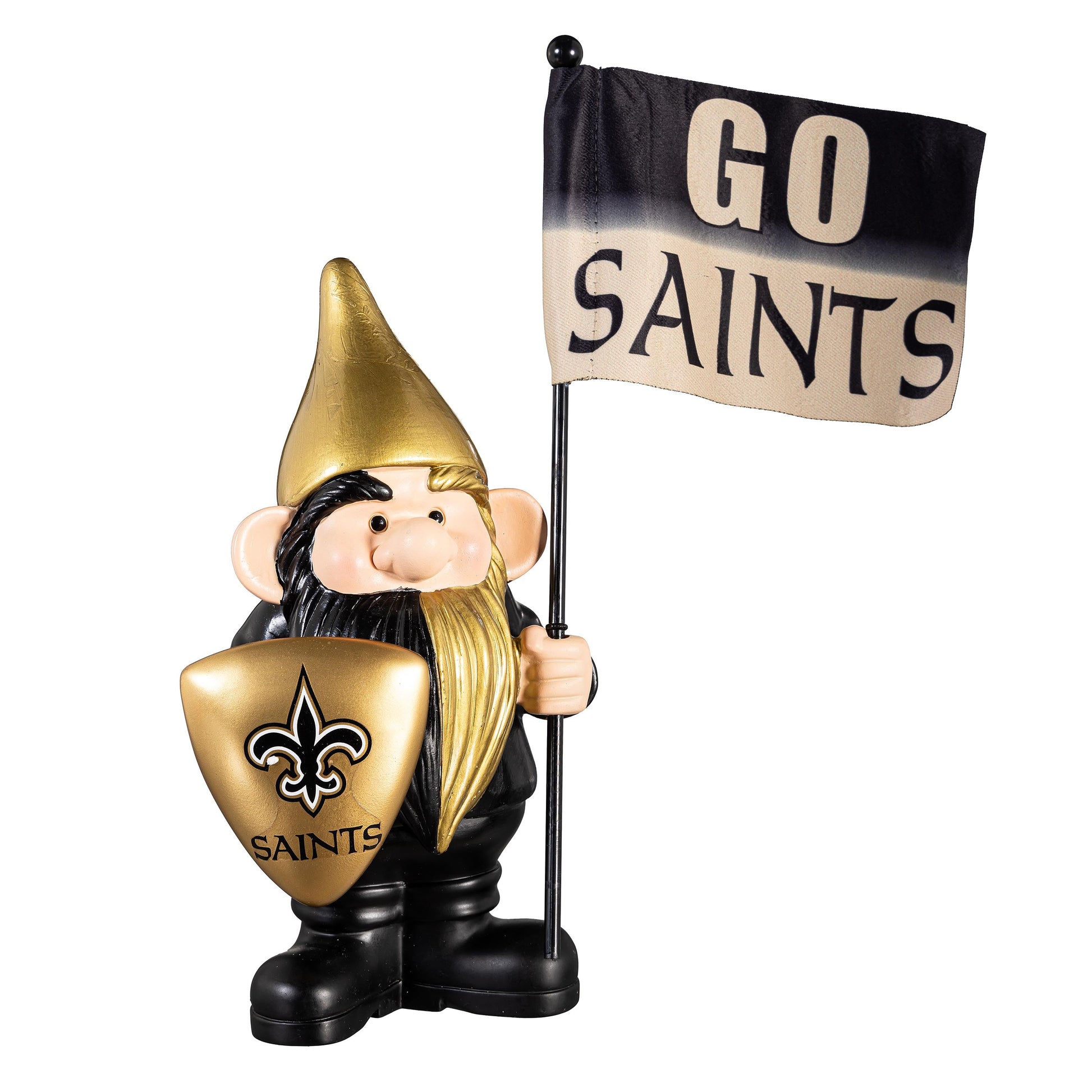 Flag holder gnome garden statue New Orleans Saints theme with gold hat and fleur-de-lis shield on Tampa Home & Garden Store