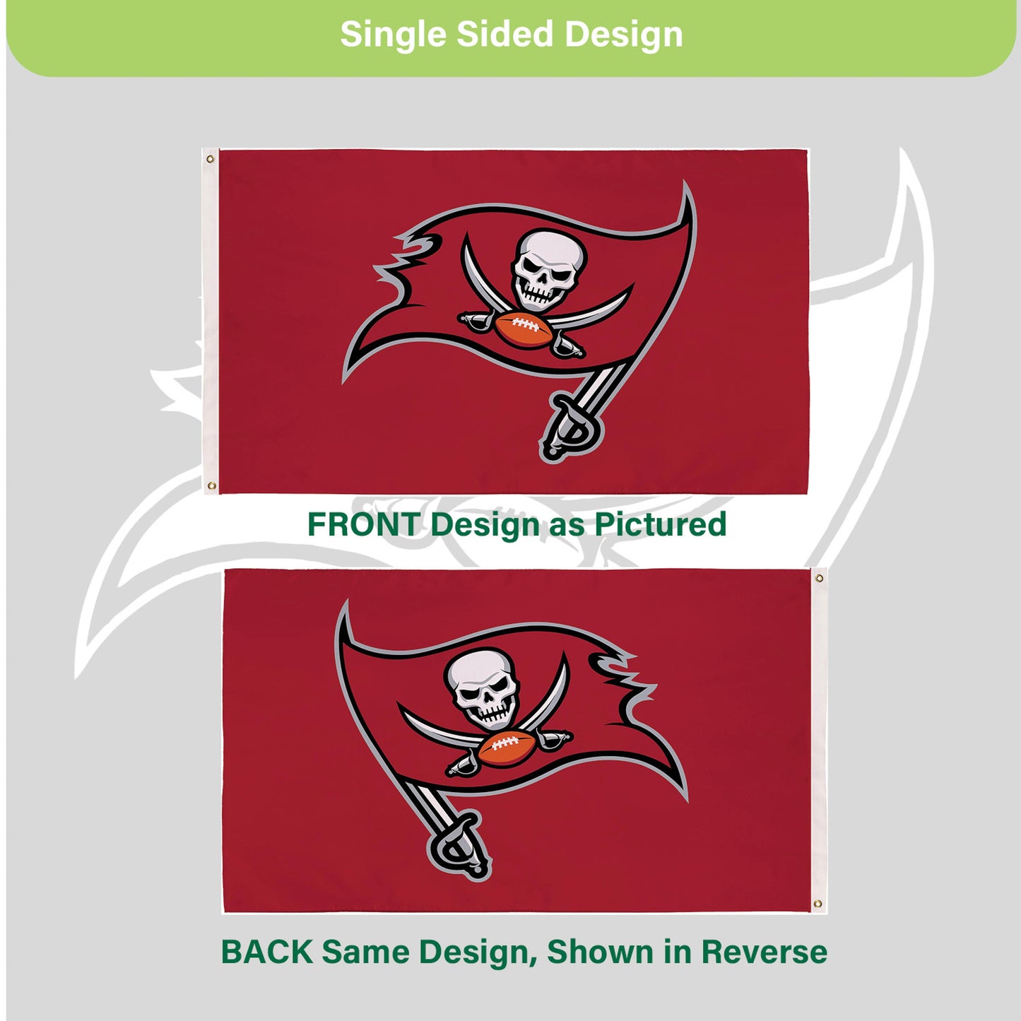 Tampa Bay Buccaneers flag 3x5, single-sided sublimated with 2 grommets on red field on Tampa Home & Garden Store