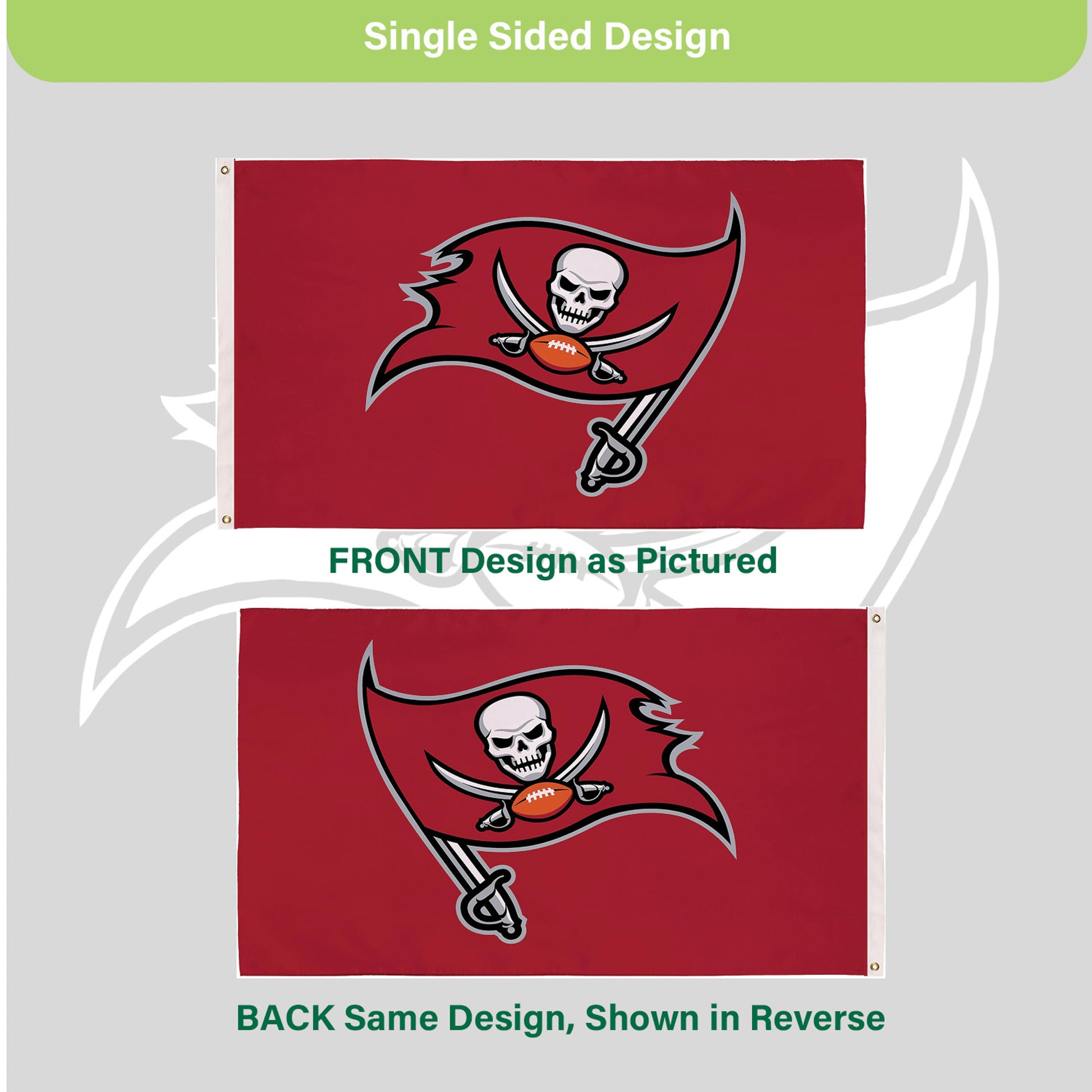 Tampa Bay Buccaneers flag 3x5, single-sided sublimated with 2 grommets on red field on Tampa Home & Garden Store