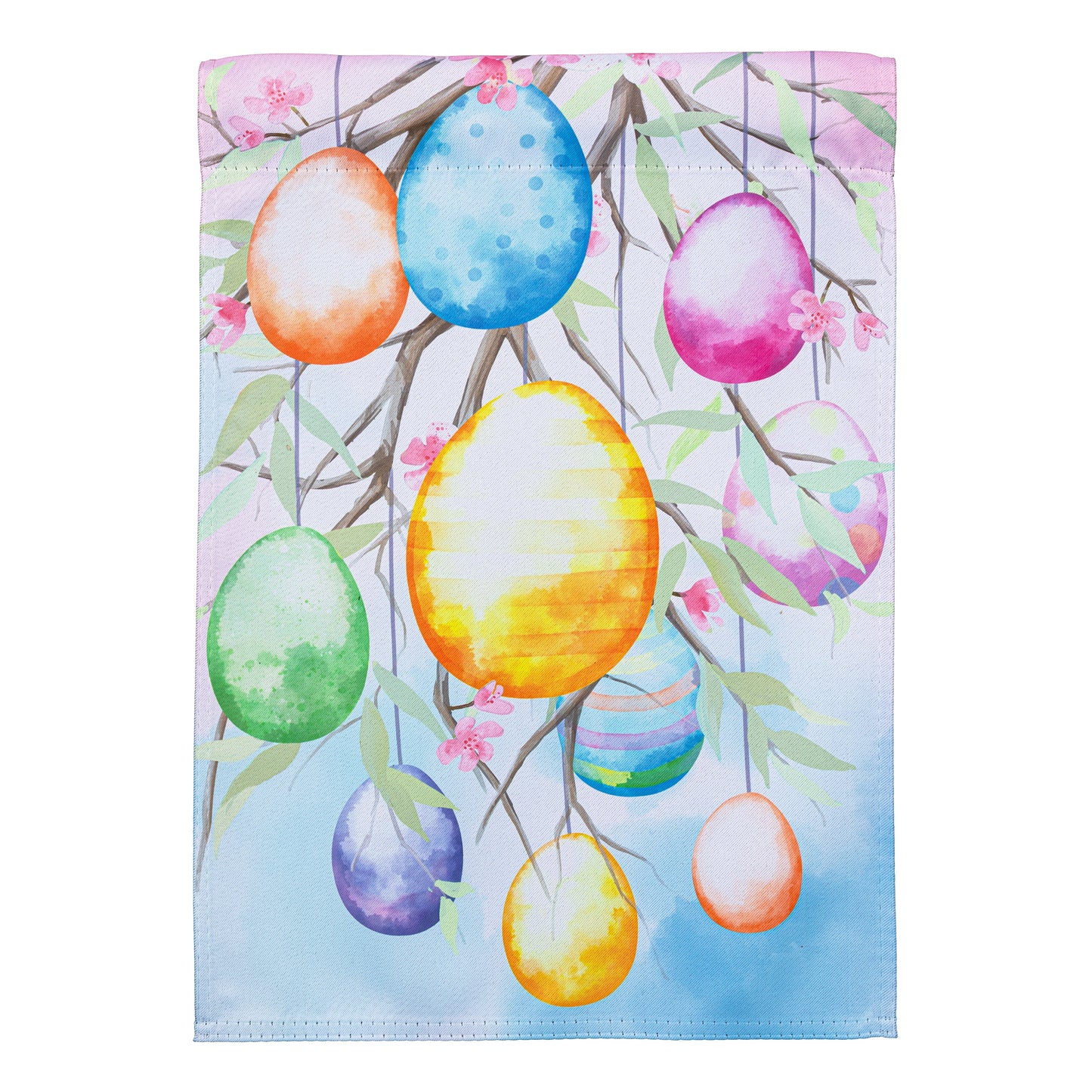 Hop Into Spring Egg Tree Suede House Flag with pastel Easter eggs on branches on Tampa Home & Garden Store