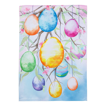 Hop Into Spring Egg Tree Suede House Flag with pastel Easter eggs on branches on Tampa Home & Garden Store