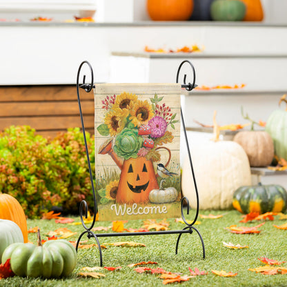 Halloween Watering Can Suede Garden Flag with sunflower bouquet design and Welcome text on Tampa Home & Garden Store
