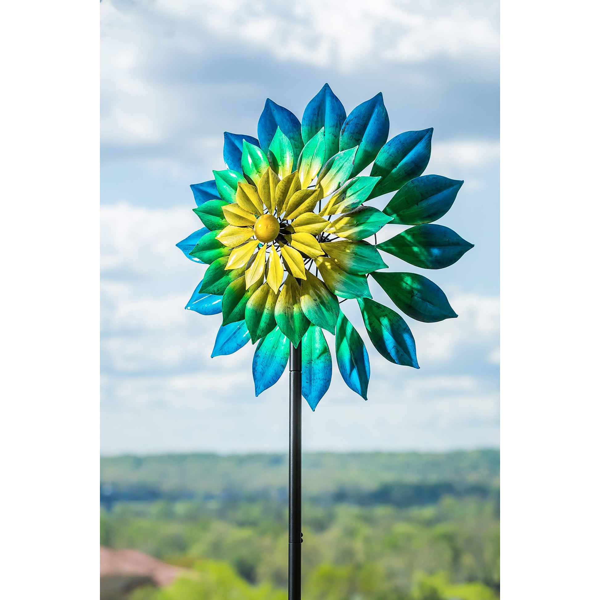 75H Wind Spinner Oceanic with blue green yellow petals on metal stake Evergreen Enterprises on Tampa Home & Garden Store