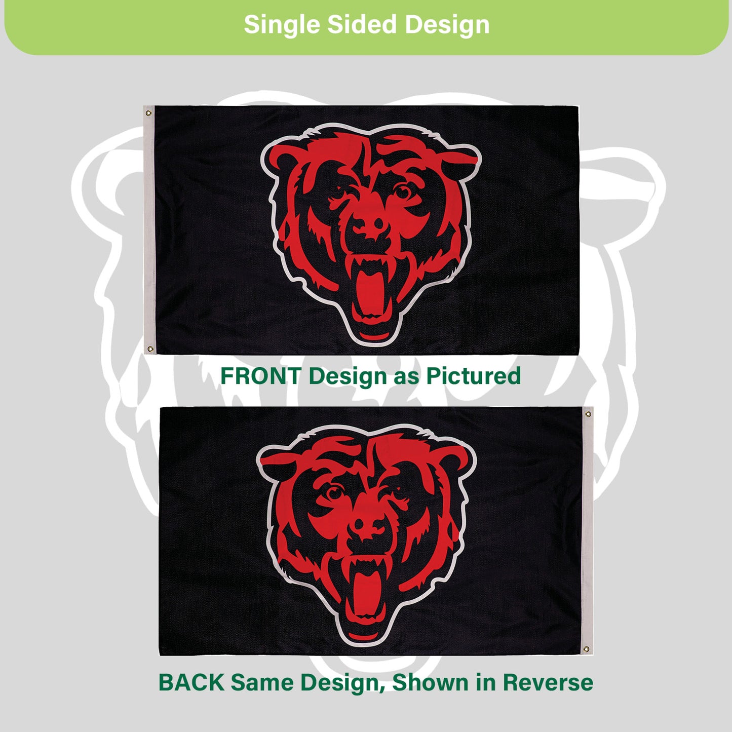 Chicago Bears single-sided estate flag 3x5 black sublimated with red bear logo, 2 grommets on Tampa Home & Garden Store