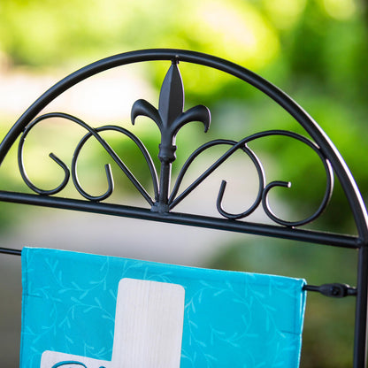 Fleur de Lis garden flag arbor stand black metal arch with fleur-de-lis finial and blue banner on Tampa Home & Garden Store